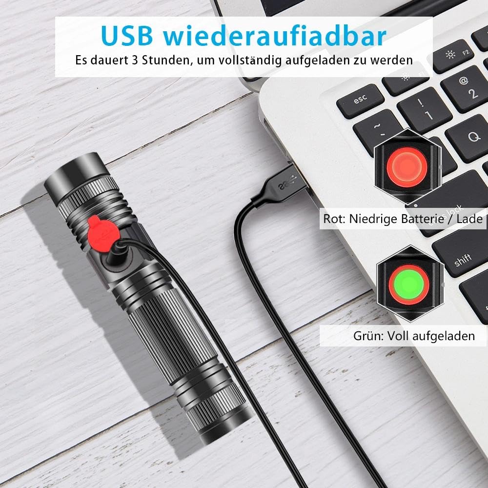 Karrong Taschenlampe LED Aufladbar mit Magnet COB Seitenlicht Zoombar, Extrem Hell 3000 Lumen USB Taschenlampen Batteriebetrieben Wasserdicht, 4 Modi für Outdoor Wandern Camping Notfall, braun