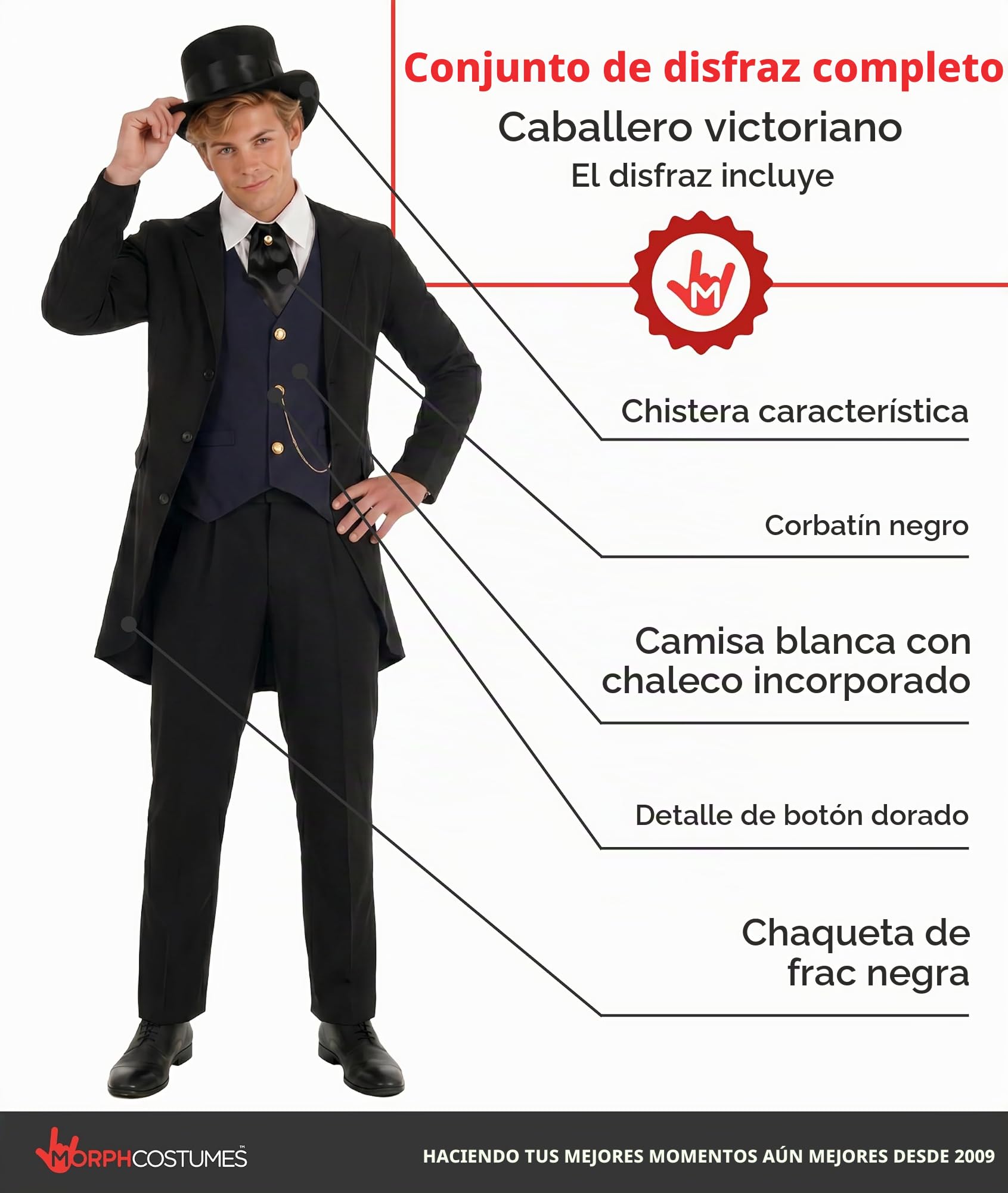 Fun Shack Disfraz de Epoca Hombre, Disfraz Victoriano Halloween Hombre | Chaqueta de Frac, Camisa con Chaleco, Corbata & Chistera, Estilo Victoriano, Perfecto para Halloween, Ideal para Disfrazarse