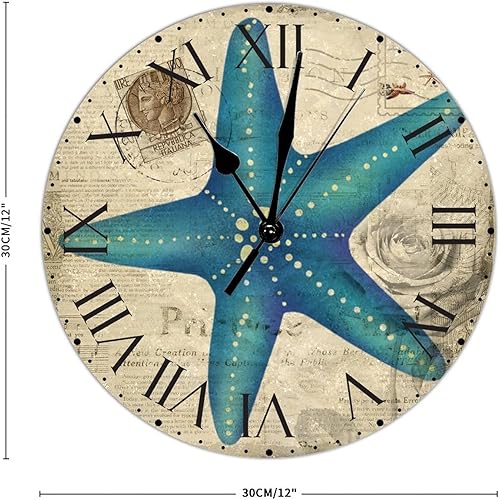 Miniatura 231 de ArogGeld Reloj de pared con diseño de estrella de mar antigua francesa, de cloruro de polivinilo, con números romanos, de 10 pulgadas, funciona