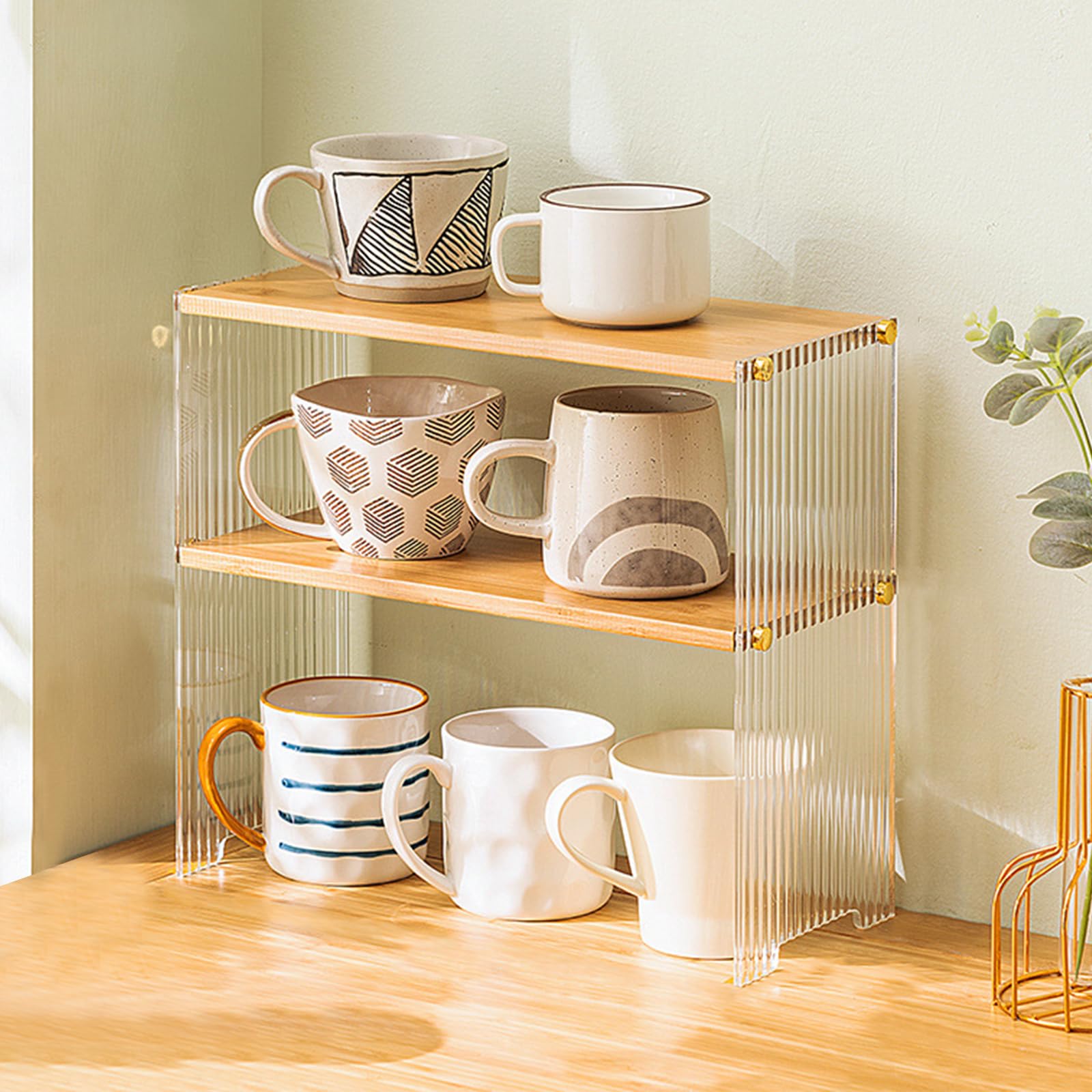 UCK-KIT Coffee Mug Holder, Pure Bamboo Acrylic Mug Display Rack for Countertop, Coffee Station Accessories Organizer for Kitchen, Office, Home,2Tier