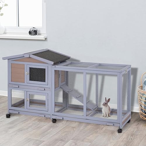 Miniatura 7 de Conejera para interiores de 58 pulgadas para conejos, conejera de madera para exteriores, con ruedas, jaula grande para conejillos de indias, jaula