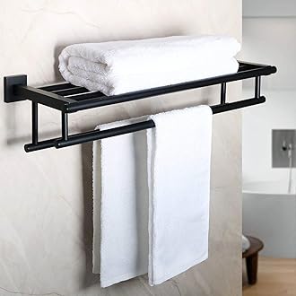 Alise Towel Rack for Bathroom and Lavatory 24" Tower Holder Towel Hanger with Double Towel Bar Wall Mount SUS304 Stainless Steel Tower Shelf, Matte Black GZ8000-B