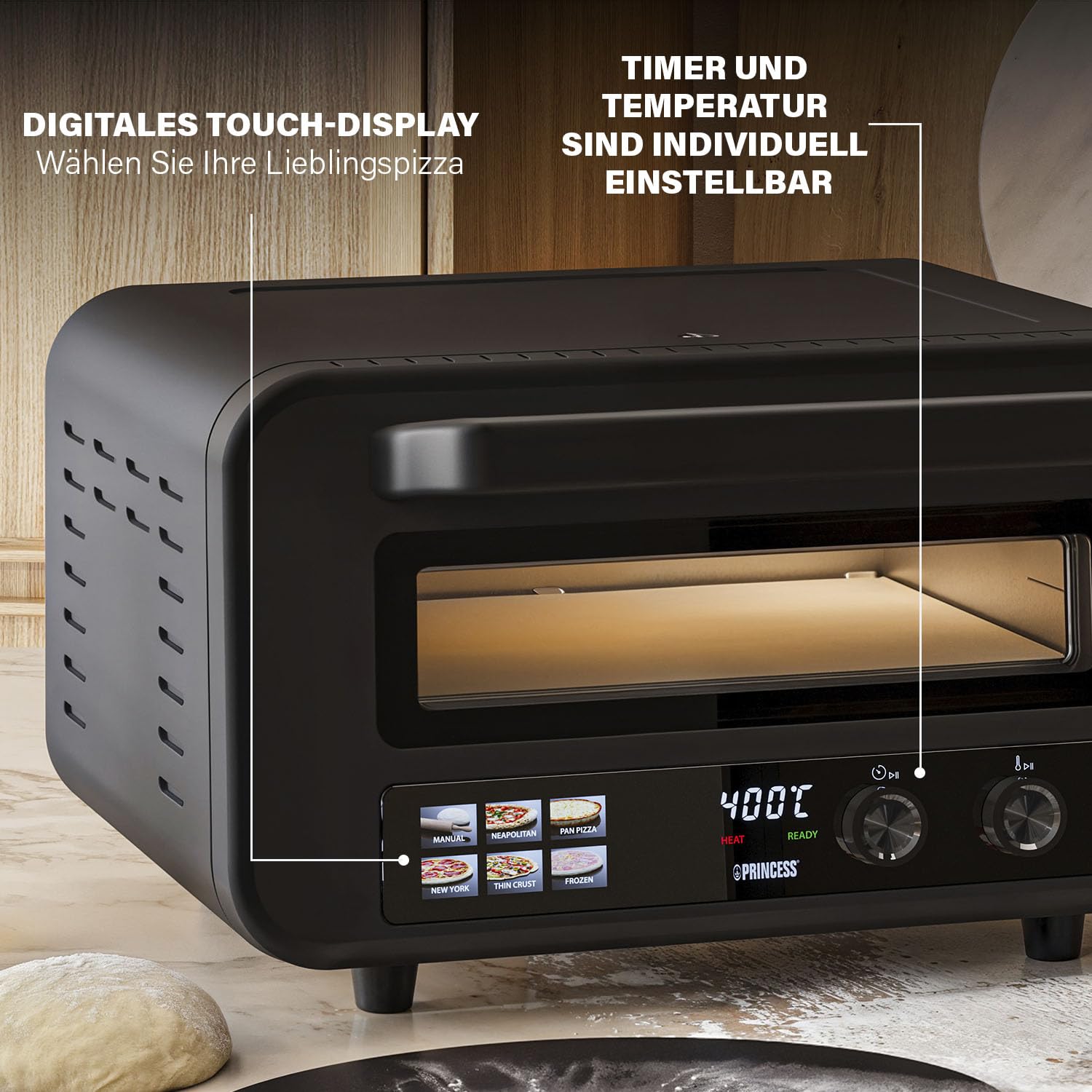Princess Pizzaofen Pro Max, 15L, 400°C, Digitales Bedienfeld, 2100W, Pizzastein & Schaufel, Ober-/Unterhitze, Timer, Kühle Tür, Kompakt & Tragbar, Für Innen-/Außenbereich, 112780