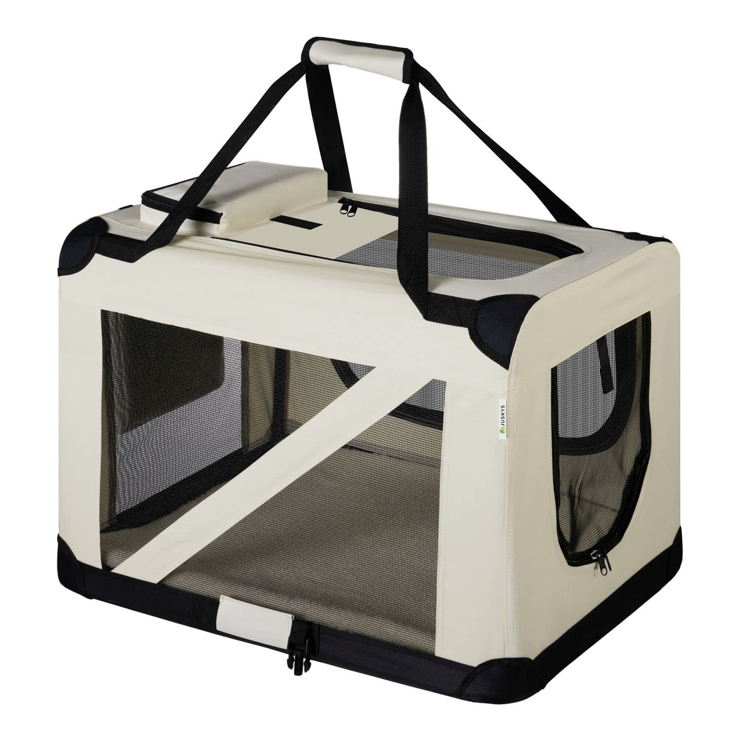 Juskys Caisse de Transport Pliable pour Chiens Lassie XL (Beige) - 58 x 82 x 58 cm - Avec Couverture, Poche & Poignées - En Tissu