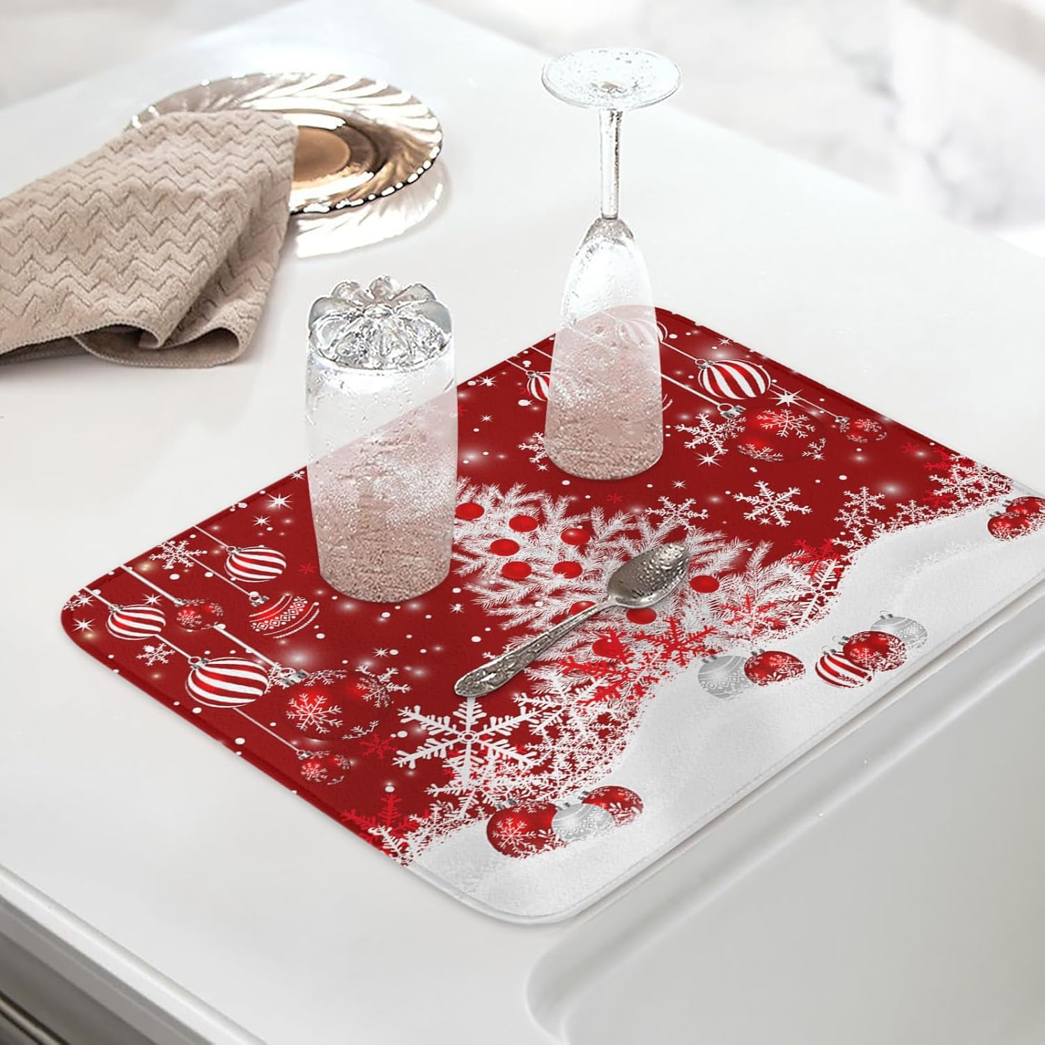 Christmas Tree Dish Drying Mat for Kitchen Counter Red Christmas Balls Drying Pad Absorbent Drying Mats for Countertops Sinks Draining Racks Snowflake Drainer Xmas Holiday Decorations 18x24 Inch