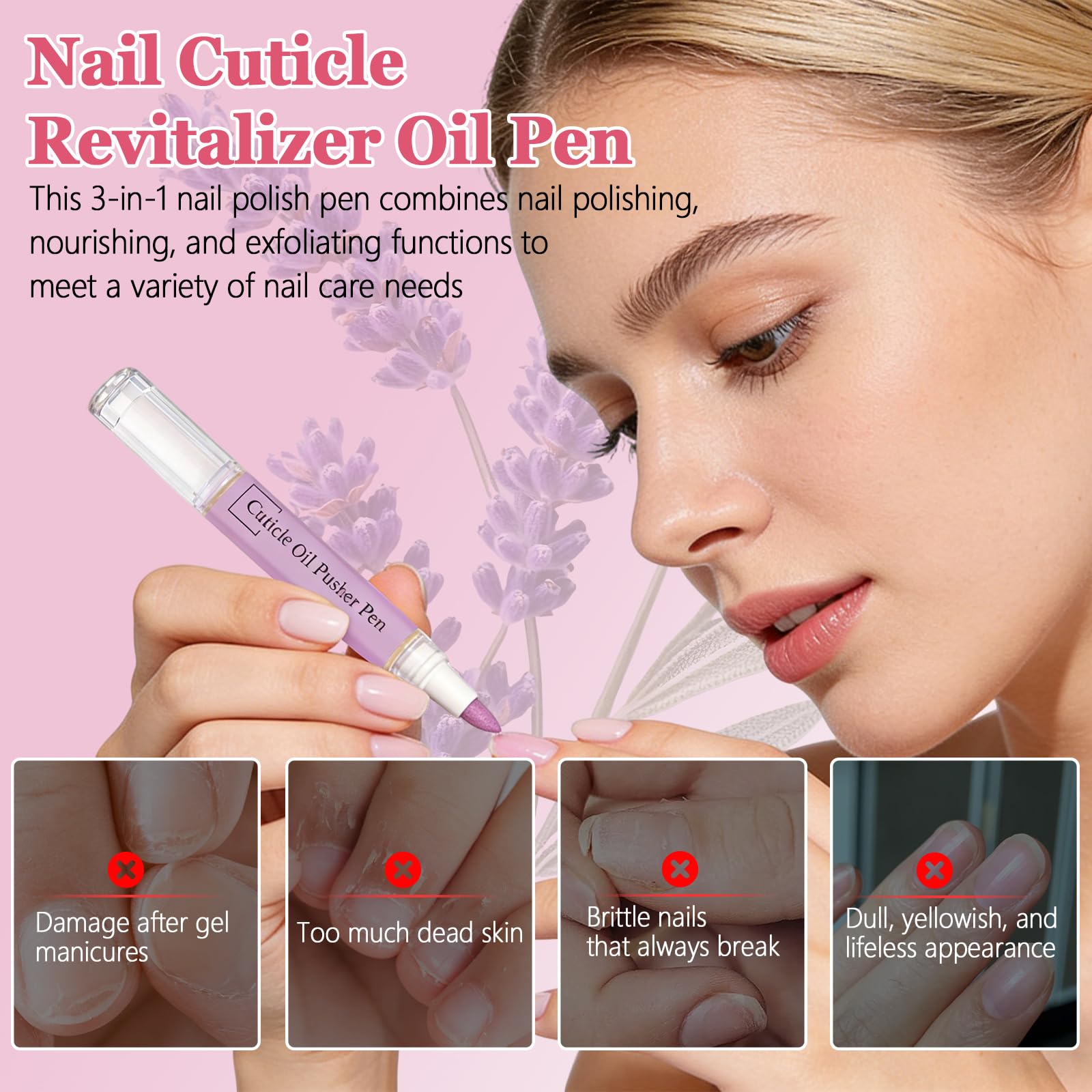 2PCS Penna Spingi Cuticole 2 in 1, Penna 3 in 1 con olio per cuticole, Olio Cuticole Unghie, 3-In-1Nail Care Pen, Nutriente E Lucidante,Cura Delicata,Adatto Per Unghie Secche E Danneggiate