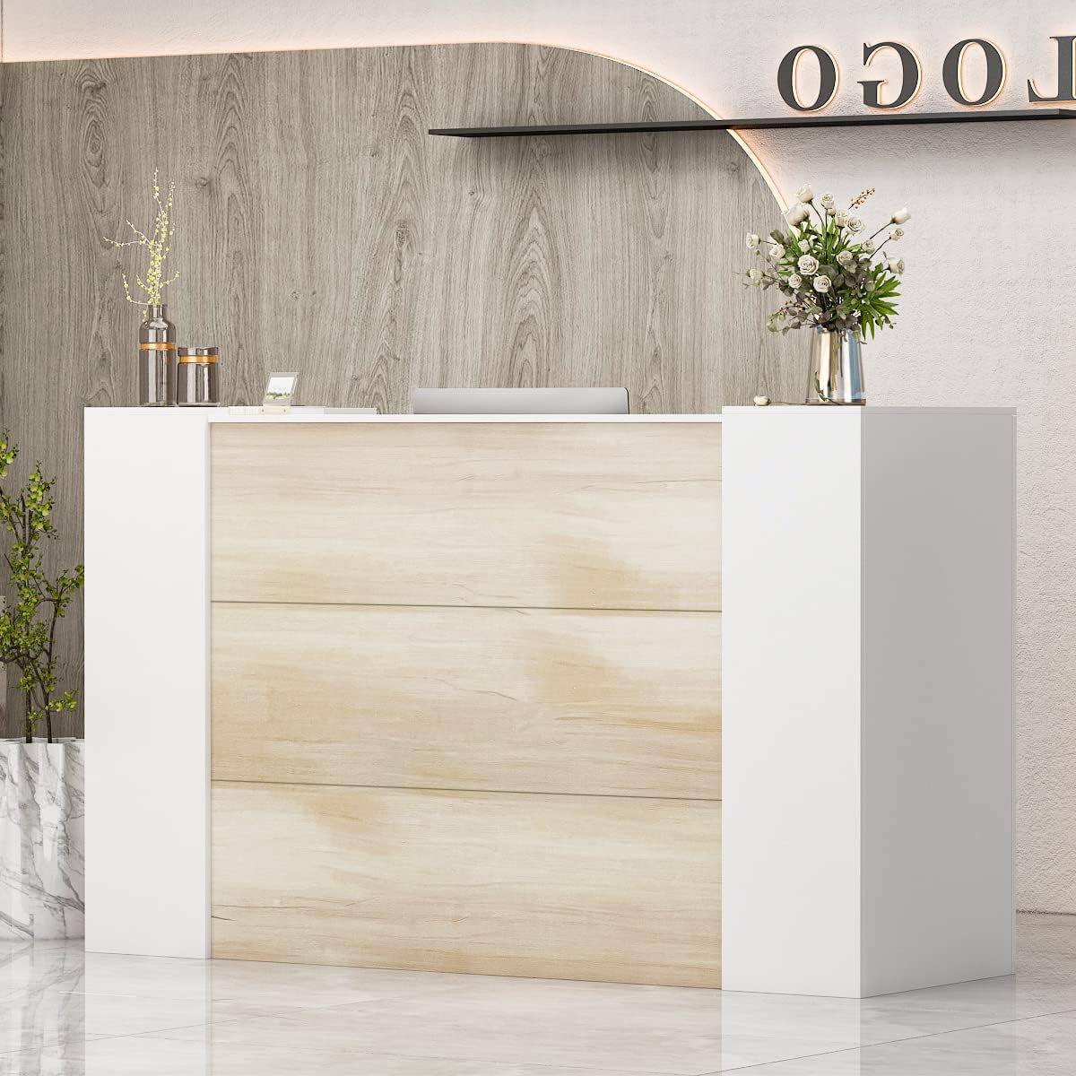 AIEGLE Massive Reception Desk with Counter, Retail Counter with Non-public Lockable Storage & Adjustable Cabinets, for Salon Reception Room Checkout Workplace, Pure and White (70.9″ W)