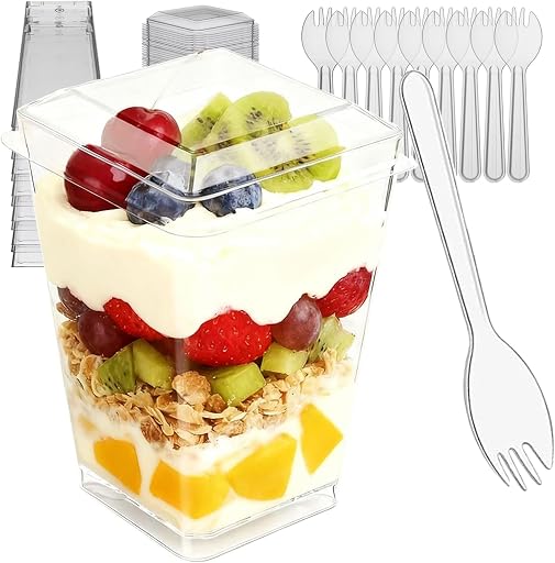 300 Pack 100 Set Clear Dessert Cups with Lids and Spoons, 5.4oz Mini Dessert Cups Reusable Square Parfait Cup for Party Appertizer, Christmas