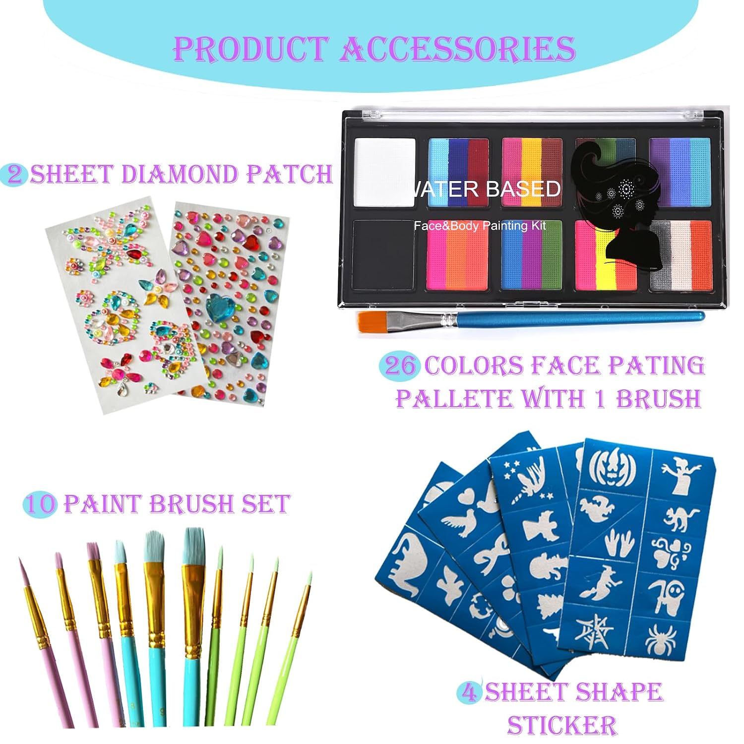 Face Painting Kit Professional with Stencils ,10 Split Cake Face Paint Kit Palettes,Rainbow Water Activated Facepaint Makeup Kit with Brush Set for Party,Halloween,Christmas