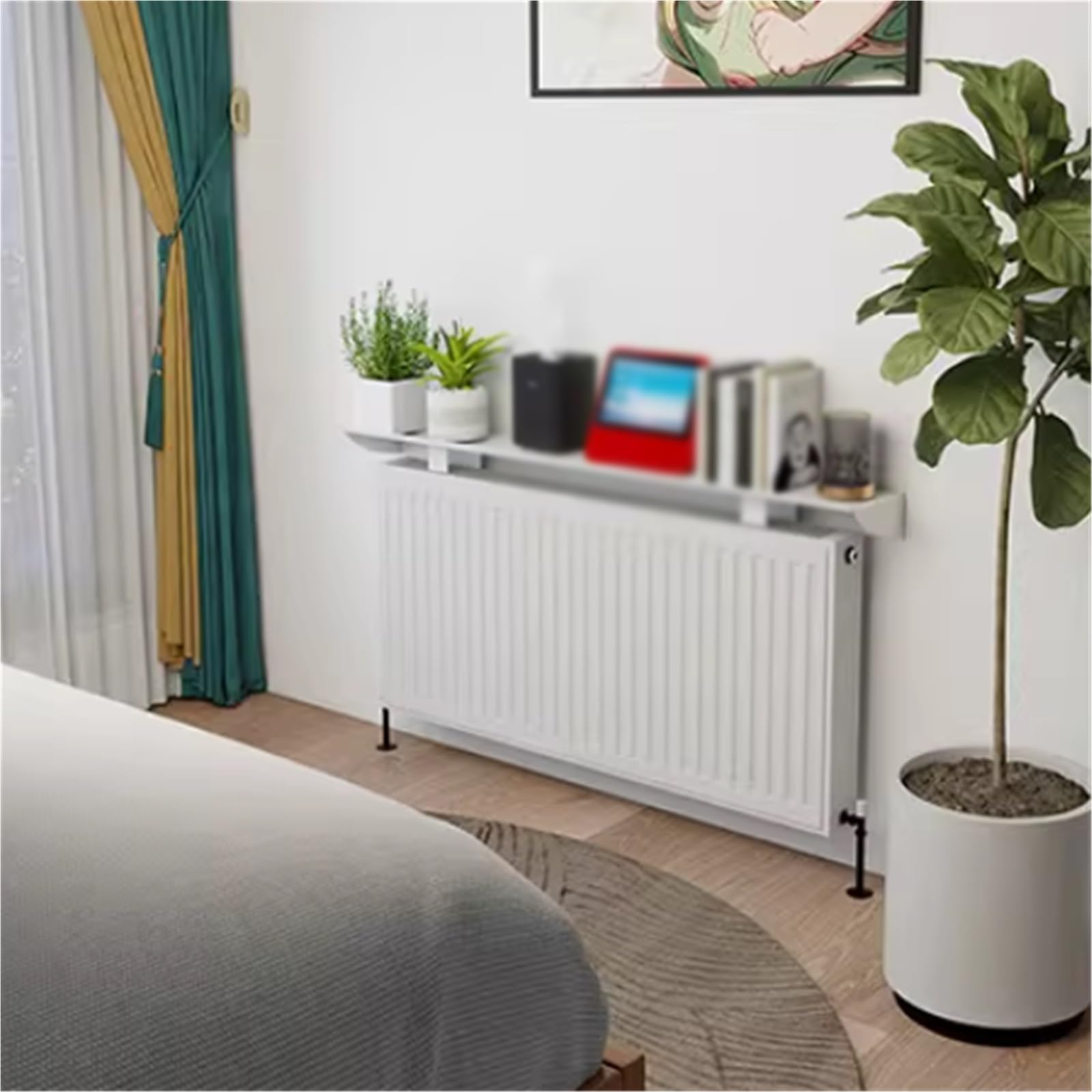 Estante flotante estrecho para radiador, protector de pared de hierro, a prueba de polvo, mesa consola para sala de estar, dormitorio, pasillo y vestíbulo, elegante cubierta de radiador blanca (150 x