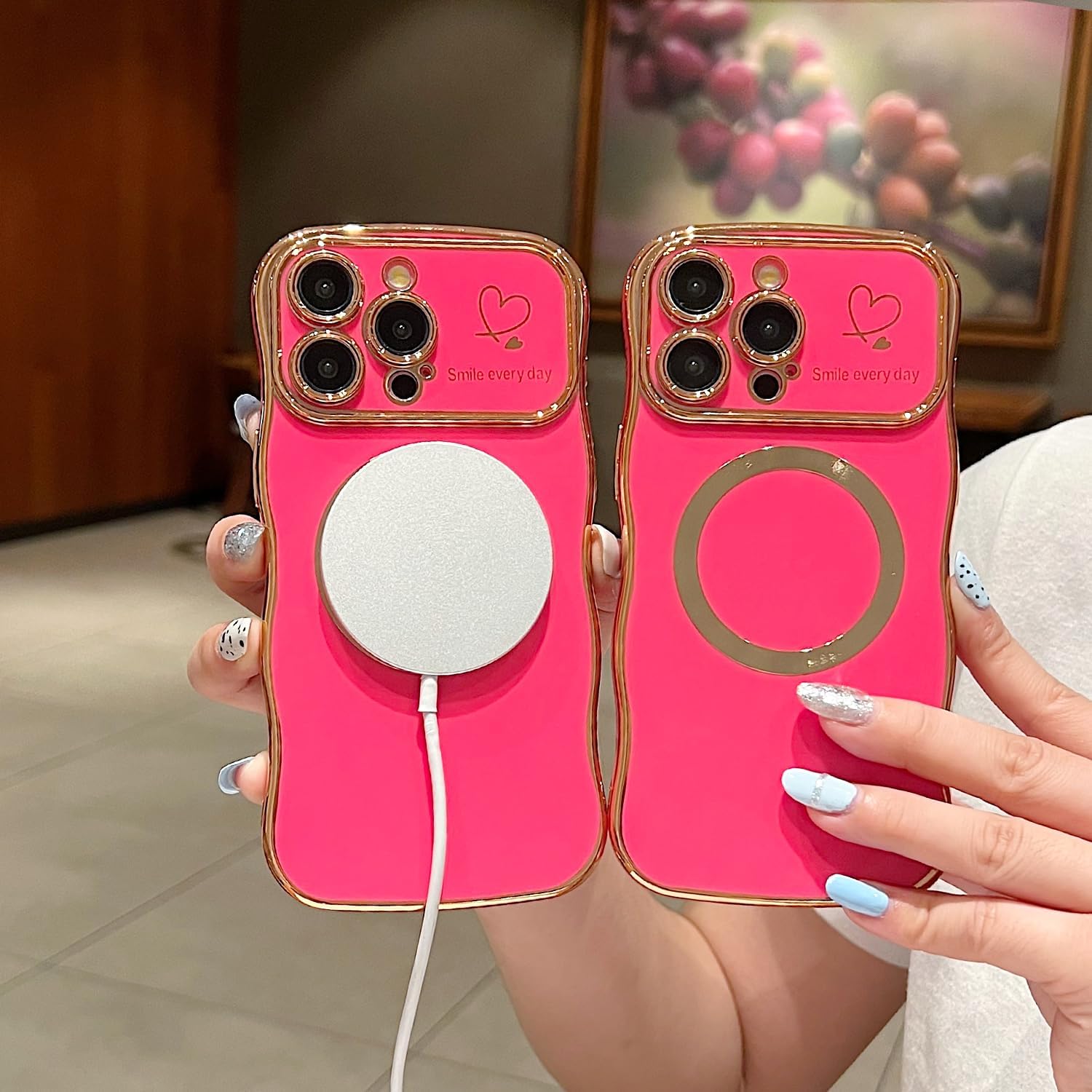 for iPhone 14 Pro Max Case Magnetic,for Women Girls Soft Cute Wave Frame Curly Shape Love Heart Luxury Plating Phone Case Compatible with MagSafe Shockproof Back Cover 6.7"-Hot Pink - Image 4