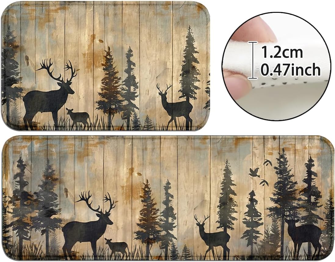 YunTu Rustic Deer Kitchen Mats and Forest Wood Kitchen Rugs 2 Piece Set, Anti-Fatigue Cushioned Floor Mats for Standing, Soft Absorbent Runner Rugs for Kitchen Sink, Lodge Decor