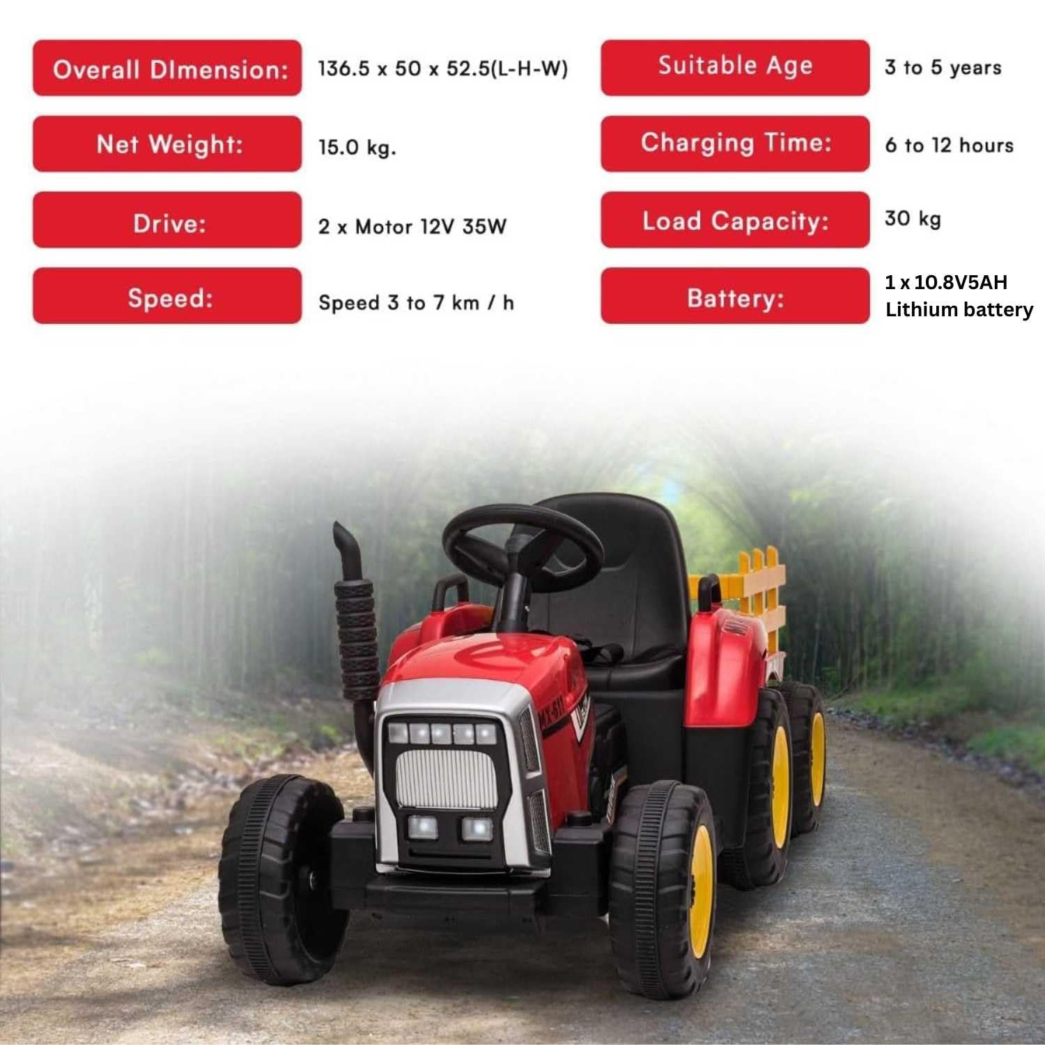 Traktor elektryczny Workers z przyczepą, czerwony, napęd na tylne koła, bateria 12 V, kółka, szerokie siedzisko, pilot zdalnego sterowania 2,4 GHz, odtwarzacz MP3 z Bluetooth i wejściem SD, diody LED