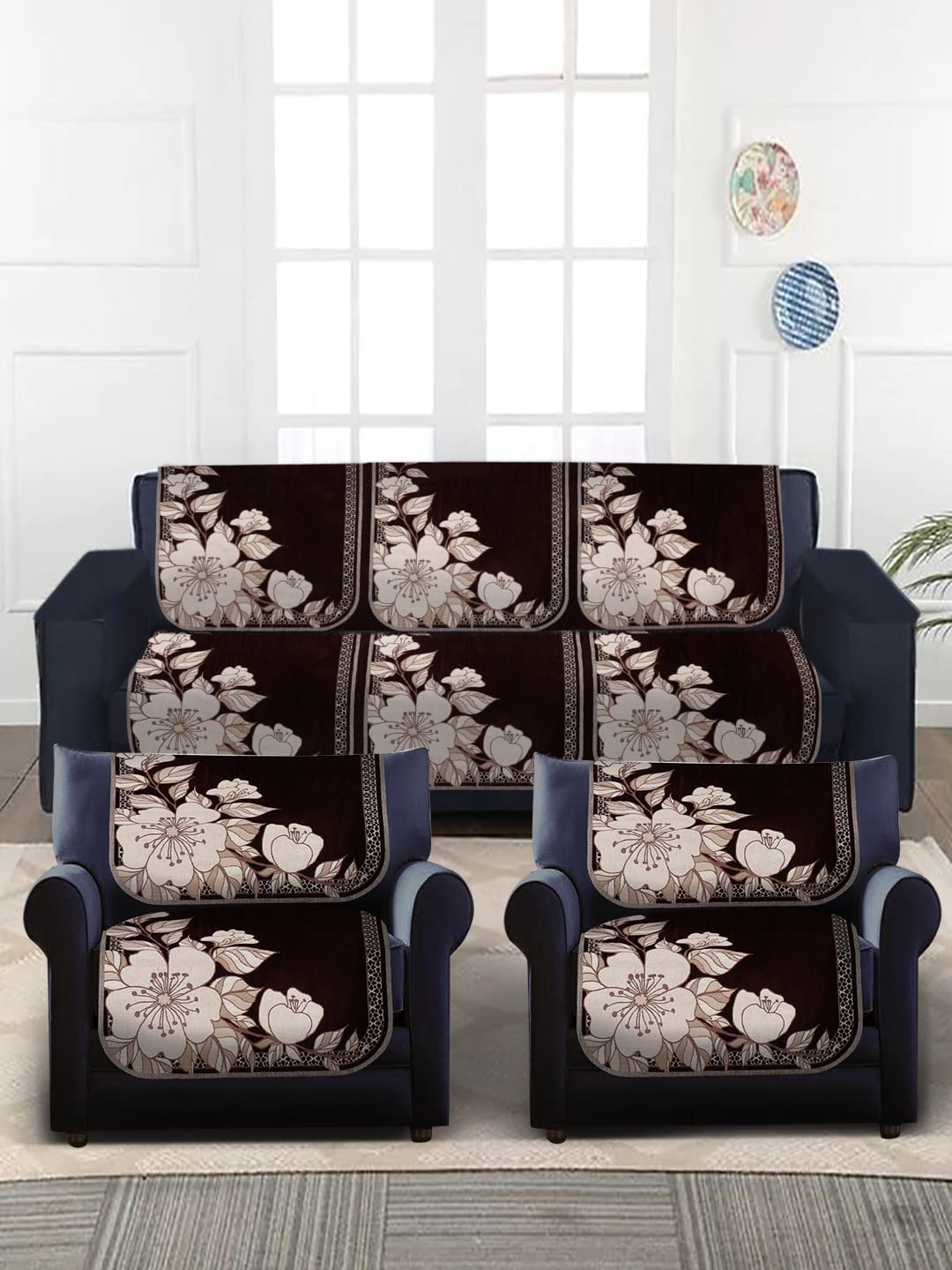 Multitex 5 Seater Printed Cotton Ethnic Design Sofa Cover-Brown