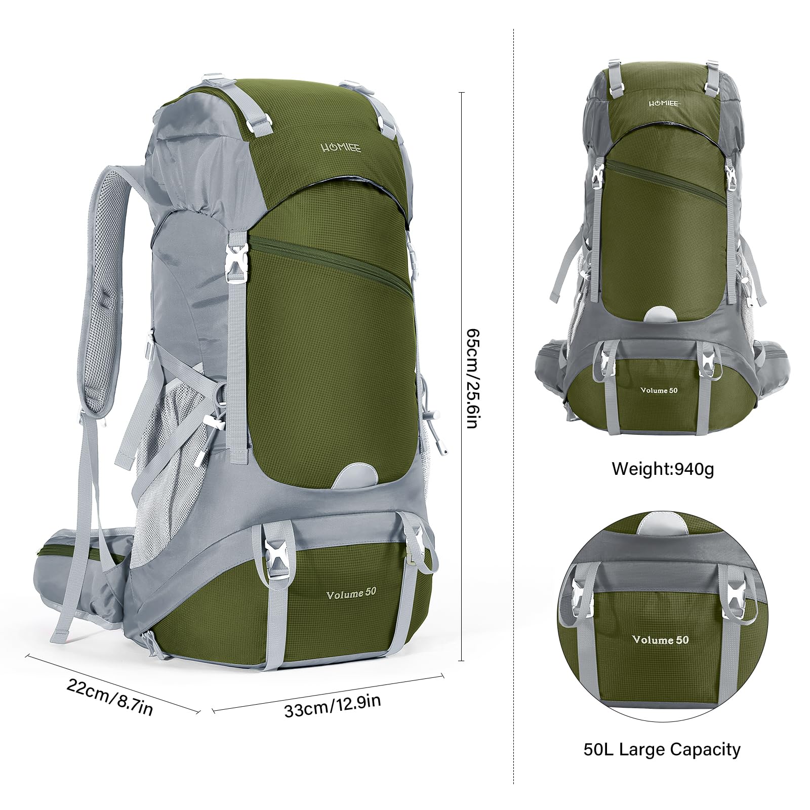 HOMIEE Zaino da Trekking 50L 60L Zaini da Escursionismo Zainetto Leggero Zaino Viaggi di Campeggio Montagna con parapioggia Zaino per Alpinismo Impermeabile Daypack da Arrampicata