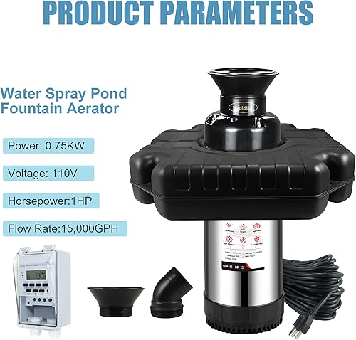 Miniatura 6 de Goldlife Aireador de fuente de estanque, F3 1HP 750W 110V Fuente flotante de acero inoxidable con cable de alimentación de 100 pies, bomba de fuente