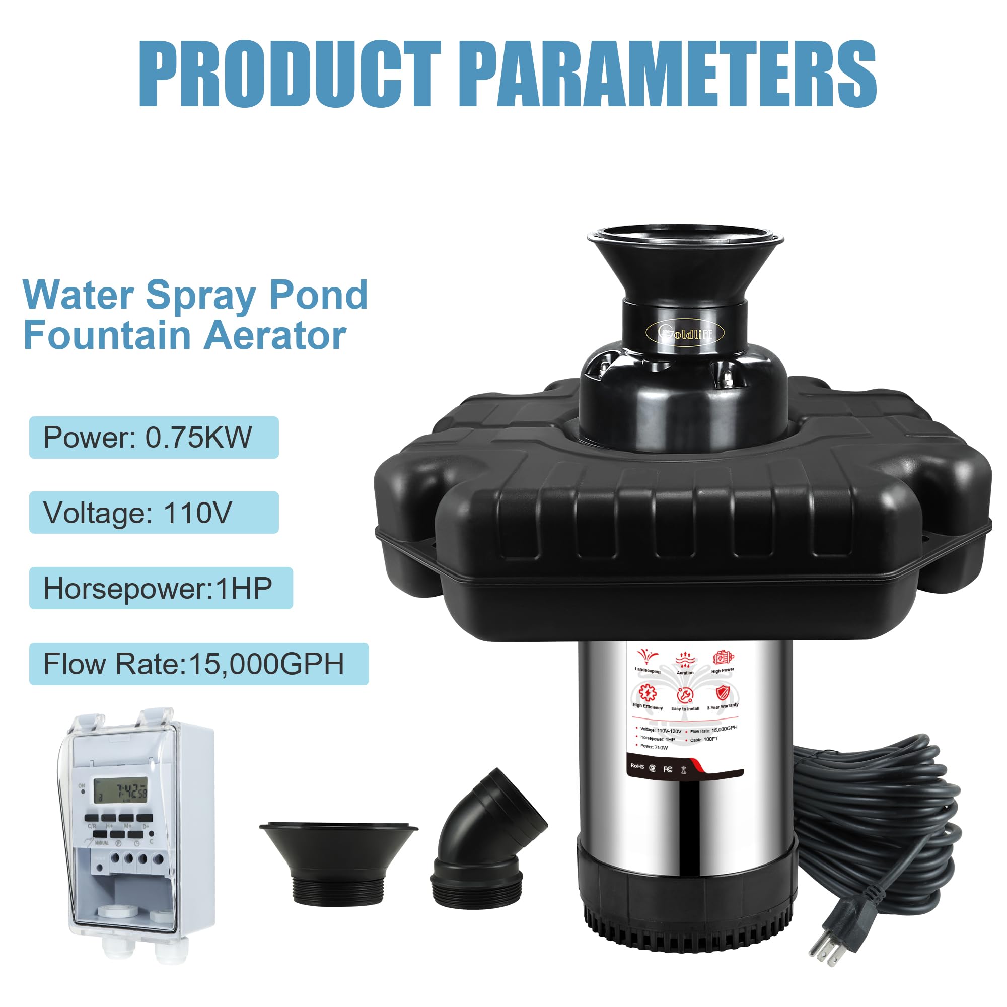 Goldlife - Aerator fontannowy do stawu, F3, 1 HP 750 W, 110 V, pływający zasilacz, ze stali nierdzewnej z przewodem zasilającym o długości 100 stóp, ośmiokątna pompa do stawu
