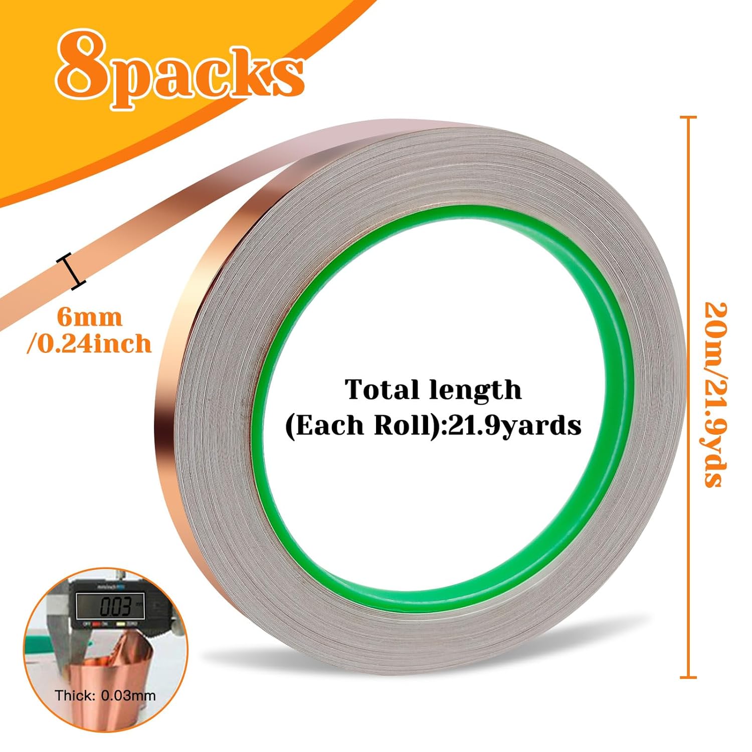 Oubaka 8 Pack Copper Foil Tape,Copper Tape,Double-Sided Conductive Adhesive for Guitar Repairs,EMI Shielding,Paper Circuits,Electrical Repairs,Grounding,Stained Glass,Crafting,Garden(1/4" x21.9yards)