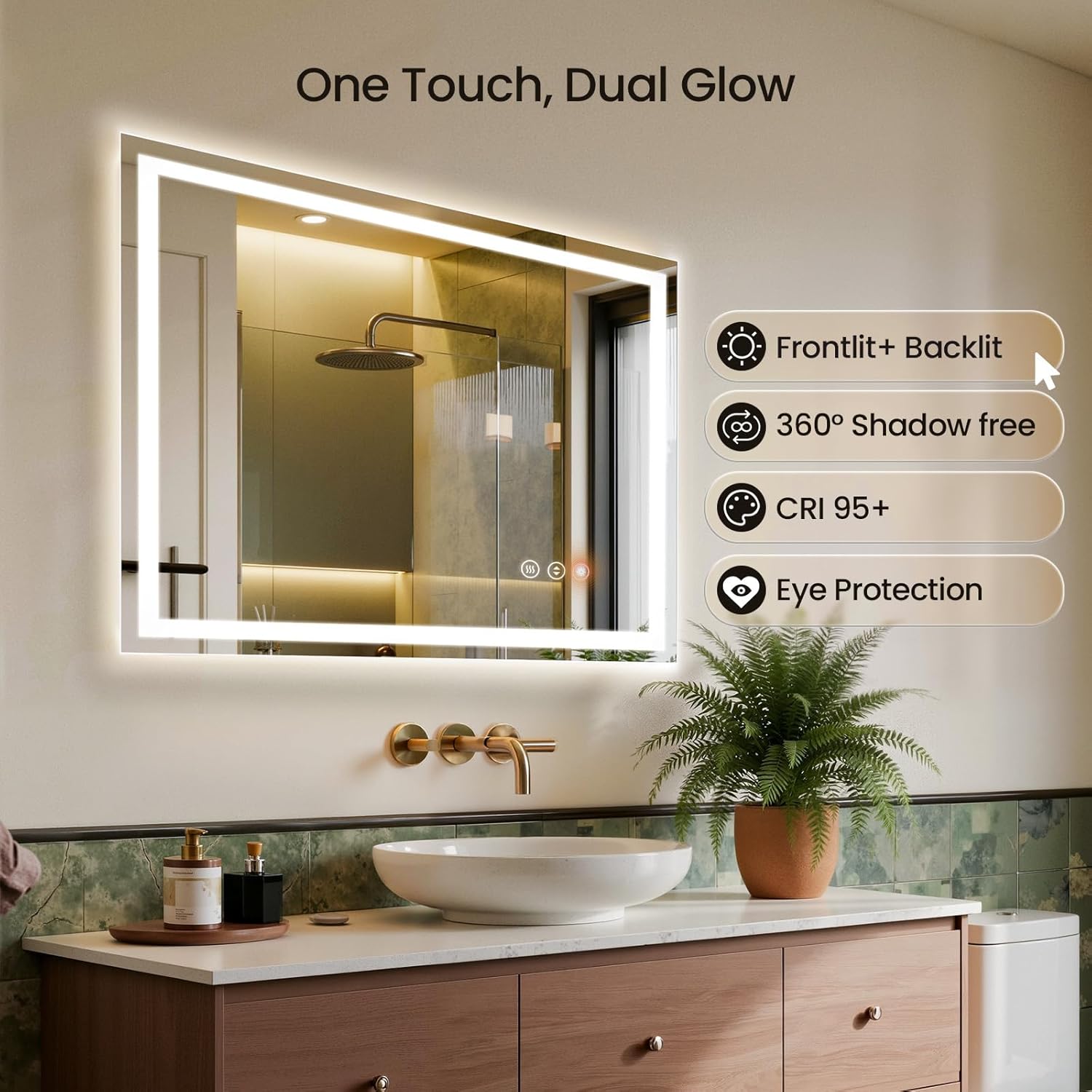 60X40 LED Bathroom Mirror with Lights, Anti-Fog, Backlit + Front Lit, Lighted Bathroom Vanity Mirror for Wall, Memory Function, Dimmable, Tempered Glass, Shatter-Proof