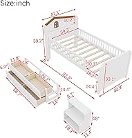 Vista 29 de Modern Full Size Platform Bed Storage Headboard and Safety Guardrail for Kids, Function Wood Platform Bed Frame with Built-in LED Light for Boy