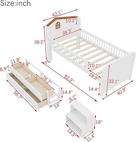 Miniatura 62 de Cama de plataforma de tamaño individual con cabecera de almacenamiento y luz LED integrada, base de cama de plataforma de madera con barandilla de
