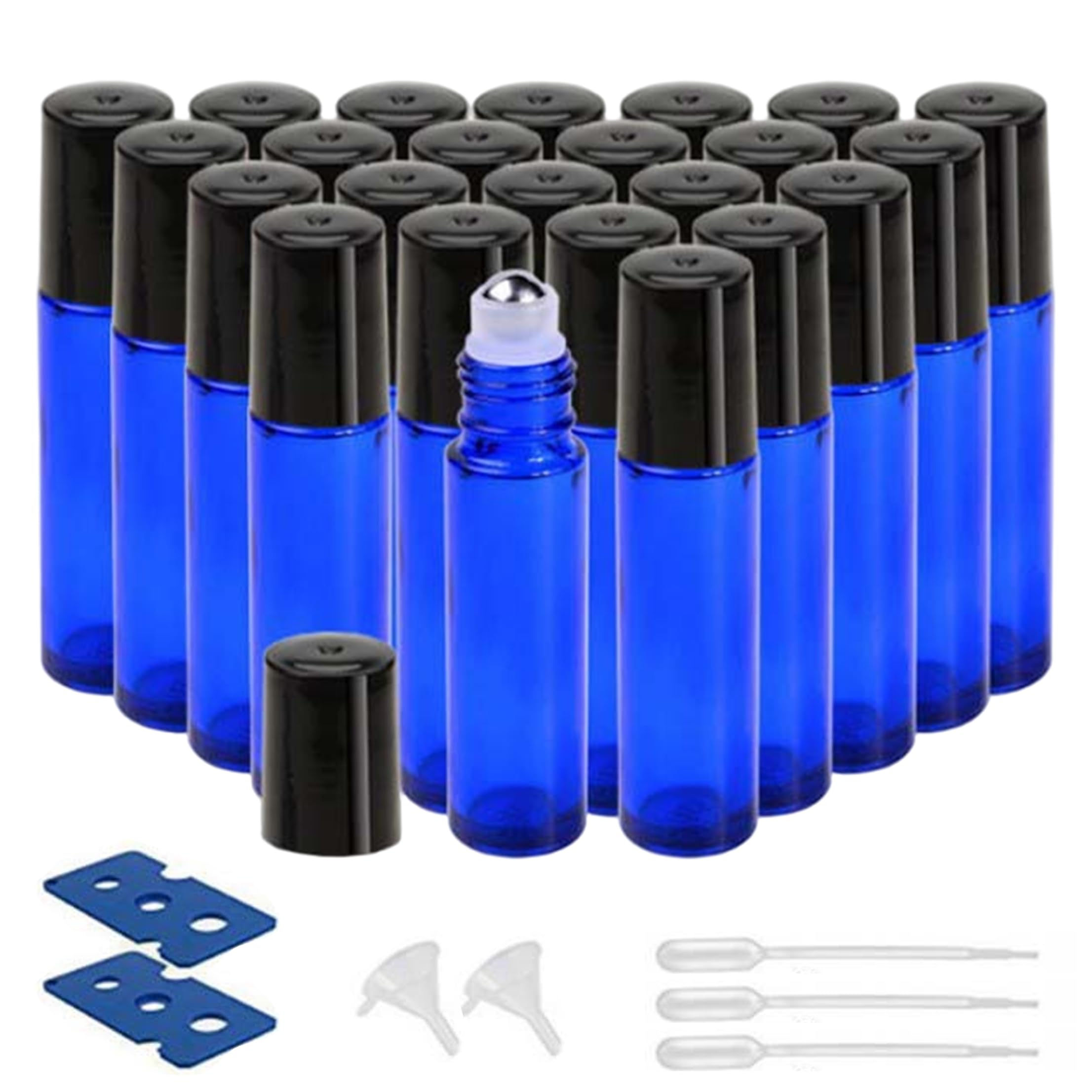Bemonew Glass Roller Bottles, 24 Pack Refillable Roller Ball Applicators Empty Oil Bottles With Steel Rollers Thick Glass Body, 10ml, Blue
