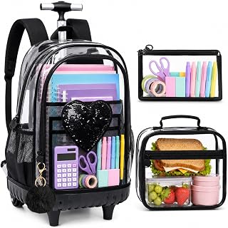 AGSDON Chic Sequin Rolling Clear Backpack Set – 20" Transparent Wheeled Bookbag with Large Front Pocket for School, Daily Commute & Leisure | Black Fashion-Forward Organizer