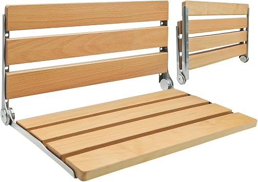 Wall Mounted Folding Shower Seat, 20 Inch Extra Large Solid Wood Shower Bench with Upgraded Waterproof Coating, 440 lbs Capacity for Seniors, Fold Down Shower Seat Easy Install ADA Compliant