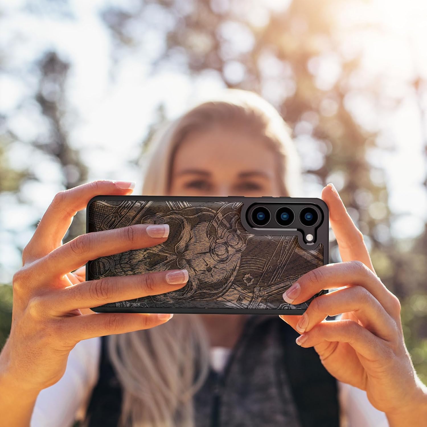 Carveit Wood Case for Galaxy S23 Plus Case [Natural Wood & Black Soft TPU] Shockproof Protective Cover Unique & Classy Wooden Design Compatible with S23 Plus (Skull of Chaos-Walnut)