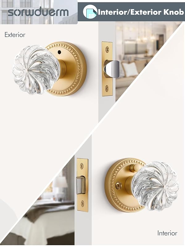 SORWDUERM 2 Pack Crystal Door Knob Gold Door Knobs Interior Satin Brass Privacy Brushed Gold Glass Door Handle for Bedroom and Bathroom Glass Door Knob by SORWDUERM - Image 5