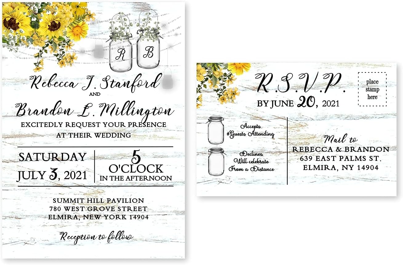 Set of Personalized Sunflower Wedding Invitations qty50