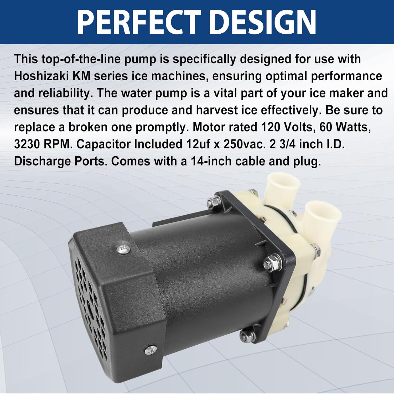 S-0731 Machine-Motor Water-Pump Assembly - with Mounting Plate, 14-Inch Cable & Plug, Compatible with Hoshizaki KM Series 120V 60W, Replace 900-SD, HOSS-0731, KM-1300M, KM-1340M, 212797A01