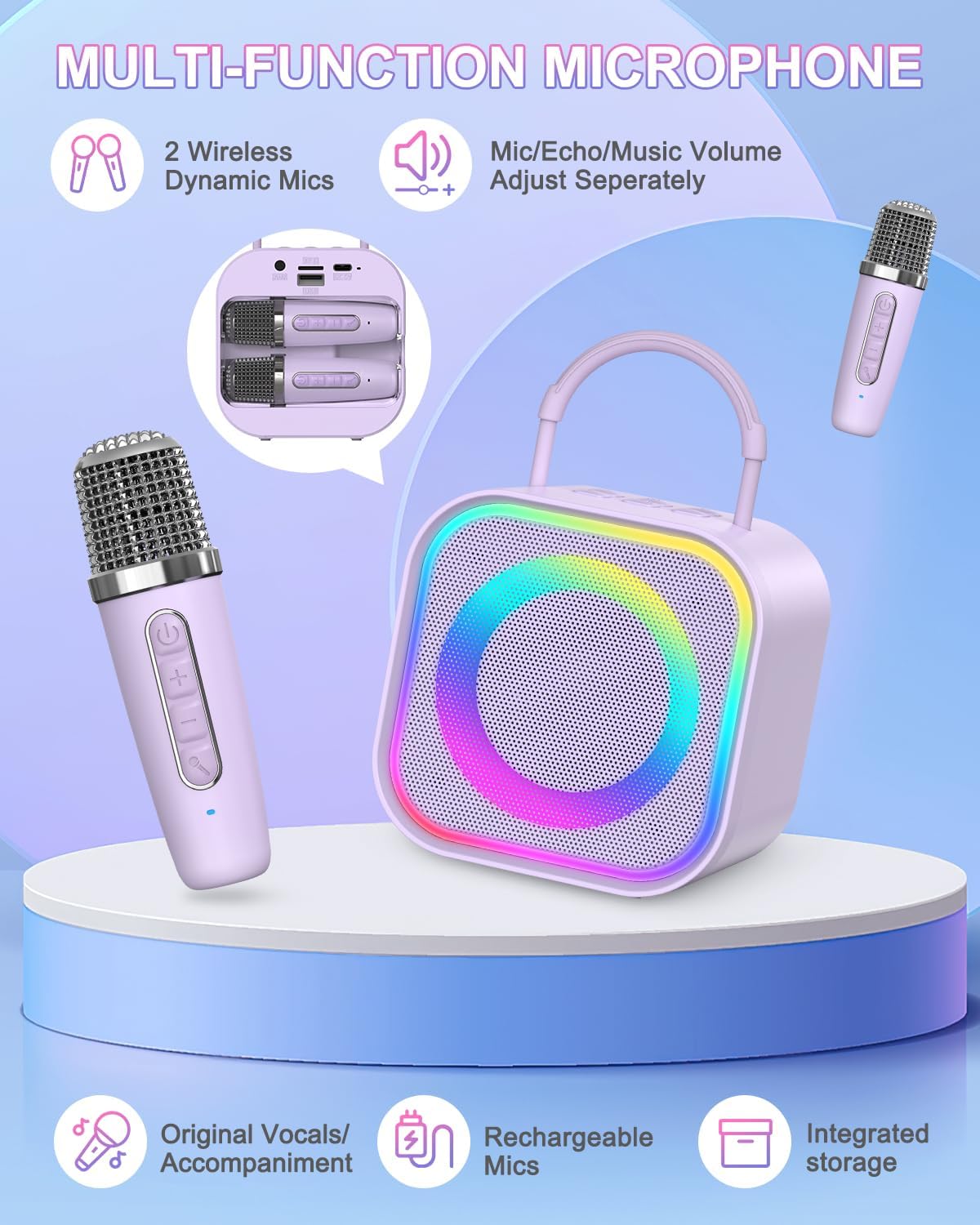 LOFICOPER Mini Karaoke Machine, Portable Bluetooth Karaoke Speaker with 2 Wireless Microphones, LED Party Lights, Support Magic Voice Effects & TF/AUX Input, for Kids, Adults, Home Party - Image 3