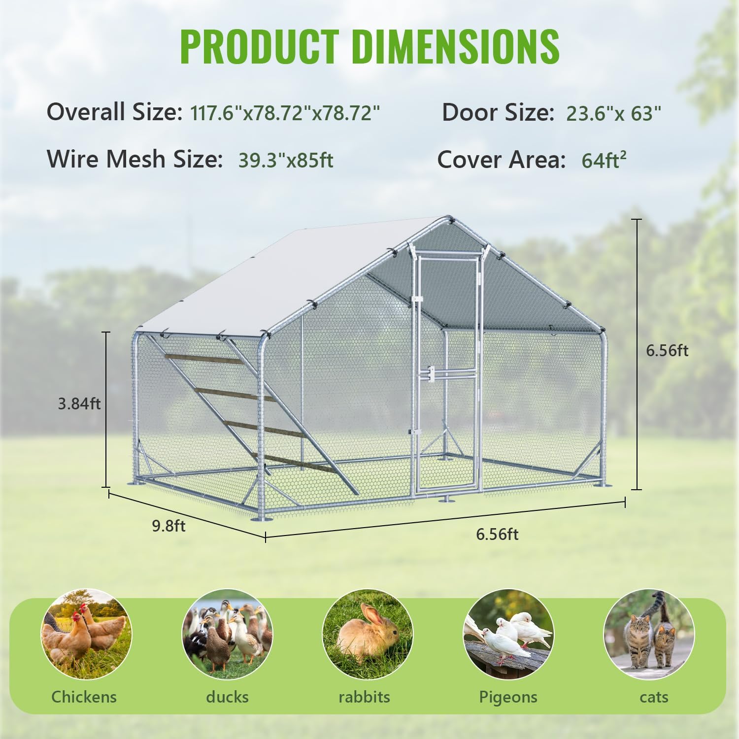 Large Metal Chicken Coop, 10x6.5x6.5FT Chicken Runs for Yard with Cover, Walk in Chicken Pens Outdoor with Roosting Perch