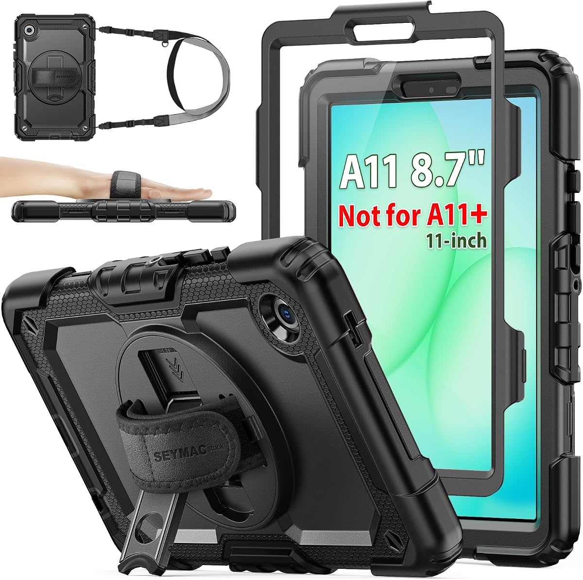 SEYMAC stock Case for Samsung Galaxy Tab A11 8.7'' (Not for A11+Plus11''), Full-Body Drop Protection Case with Screen Protector Pencil Holder [360° Rotating Hand Strap] &Stand, Black