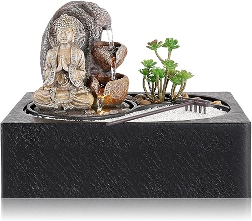 Miniatura 7 de WICHEMI Fuente de agua para interiores, fuente de agua, fuente de mesa, fuente de relajación de jardín zen con luz LED cálida para oficina, hogar y