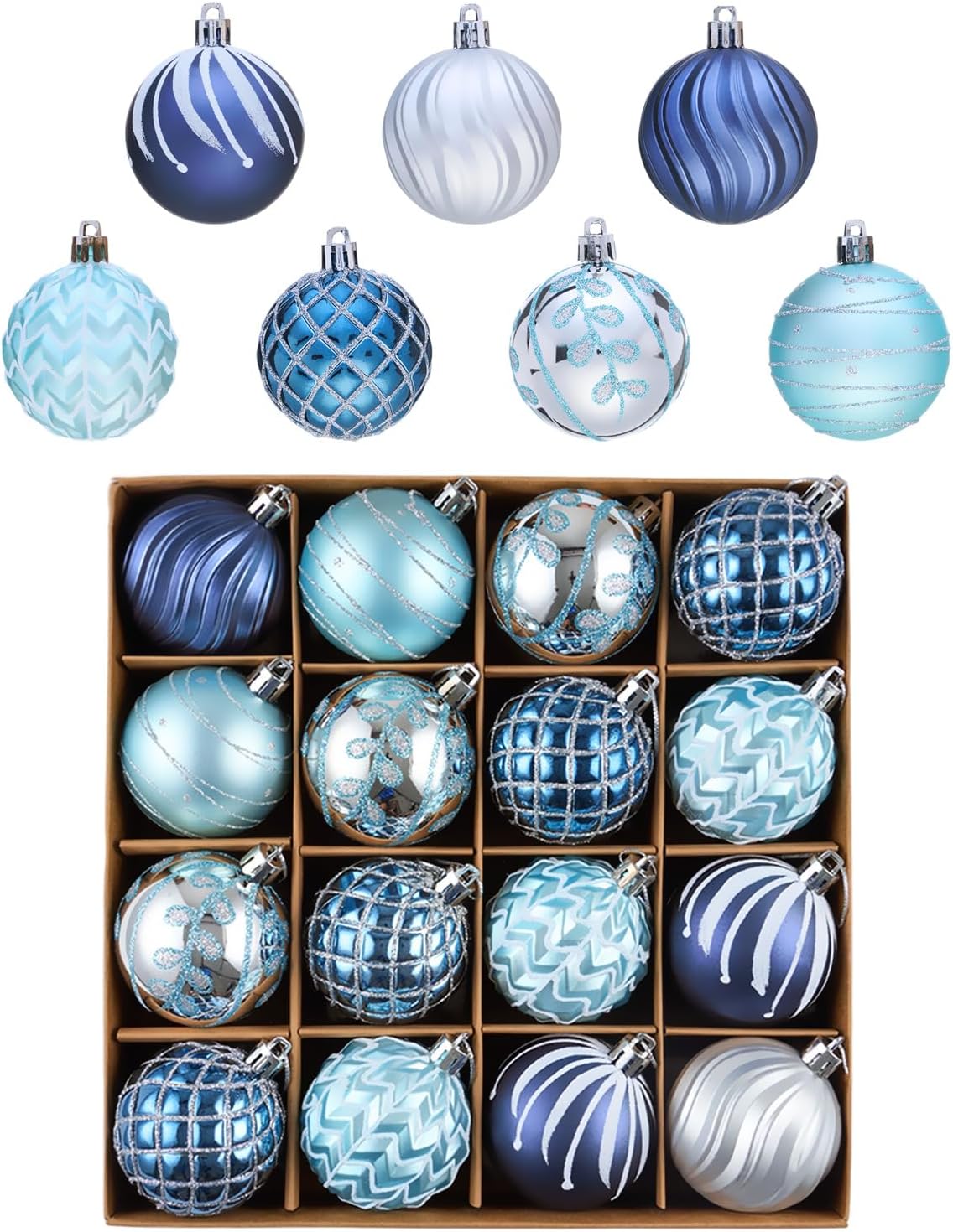 Christmas Ball Ornaments Set for Tree Decorations, 16ct 2.36" Navy Blue Silver Winter Wonderland Shatterproof Plastic Xmas Balls Decor Hanging Ornament Bulk for Holiday Wedding Birthday Party