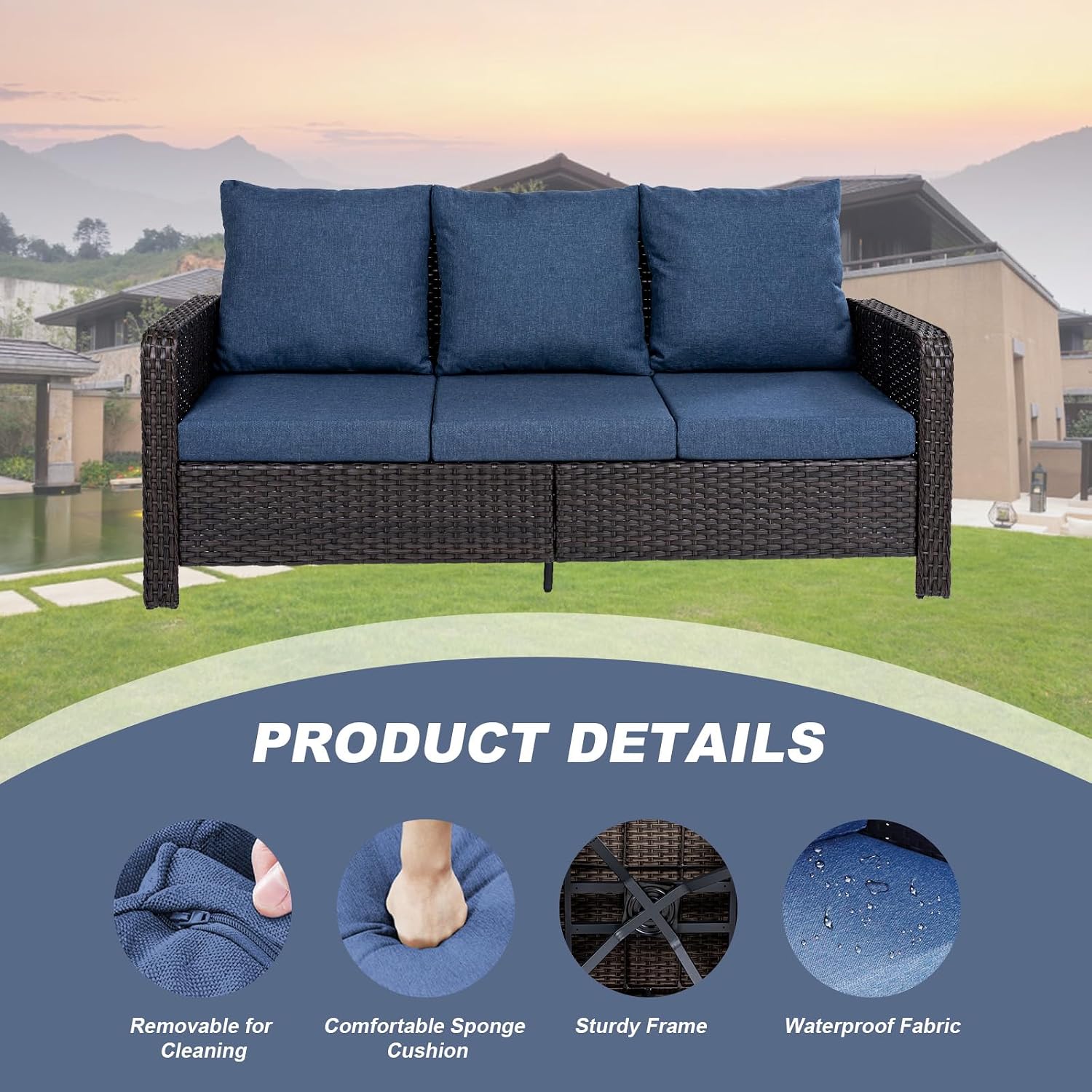 Wicker Patio Furniture Set - 3 Piece Rattan Outdoor Sectional Conversation Set with 1 Sofa and 2 Ottomans for Backyard Porch and Garden