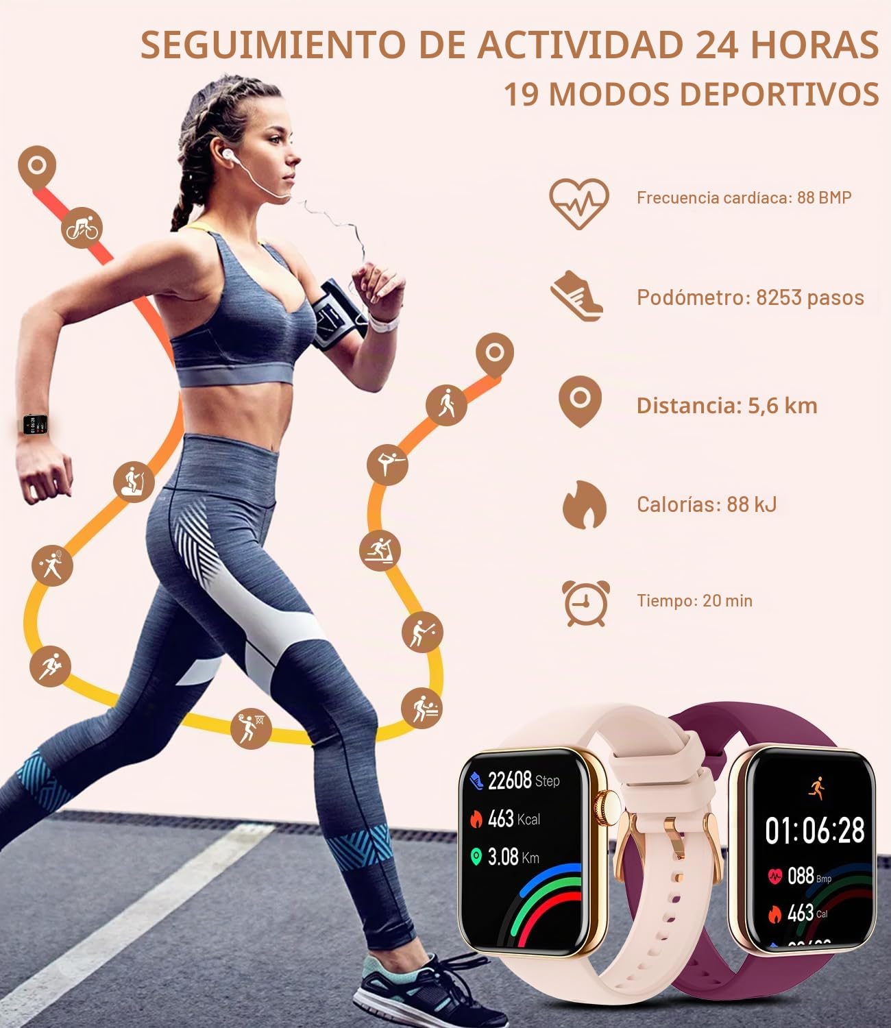 Reloj Inteligente Mujer con Llamadas y Whatsapp Notificación, 1,85" HD Smartwatch Mujer para Android iOS 3 Correas Pulsera Actividad con Pulsómetro SpO2 Sueño Función Femenina Podómetro