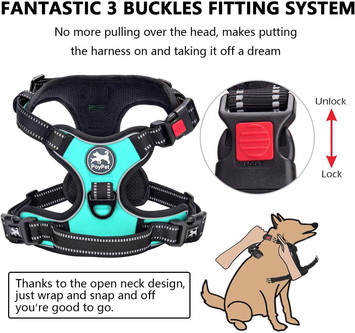 PoyPet No Pull Dog Harness, No Choke Front Lead Dog Reflective Harness, Adjustable Soft Padded Pet Vest with Easy Control Handle for Small to Large Dogs(Mint Blue,S) S Mint Blue