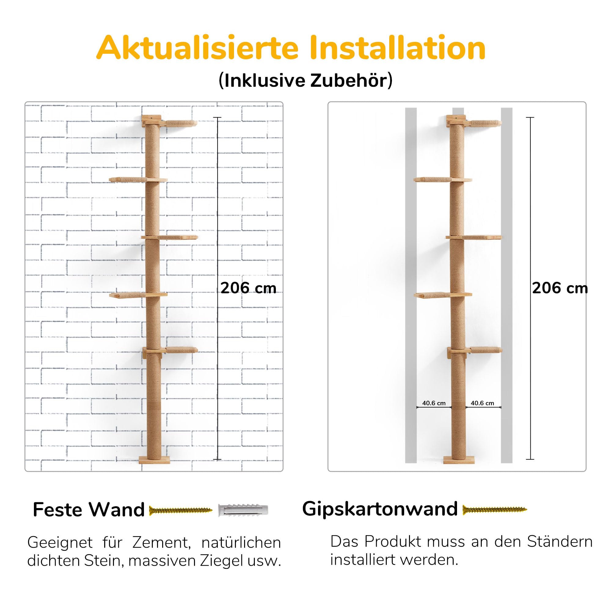 FUKUMARU Kratzbaum, 5 Etagen bis zur Decke reichender Katzenturm(206 cm), wandmontierter Katzenbaum,aus Natürliches Gummibaumholz, für Katzen zum Klettern, Kratzen, Ausschau halten und Spielen.