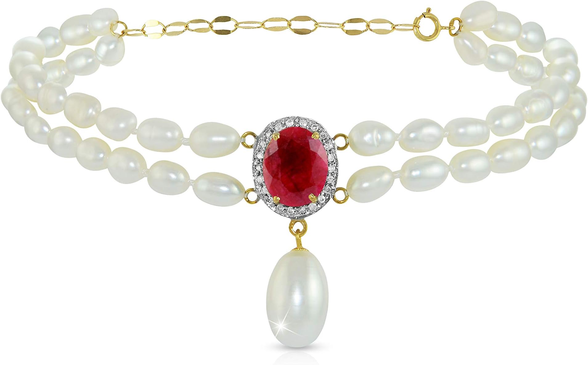 Vera PerlaWomen's 18K Gold 0.12 Ct. Diamonds Oval Ruby & Pearl Bracelet
