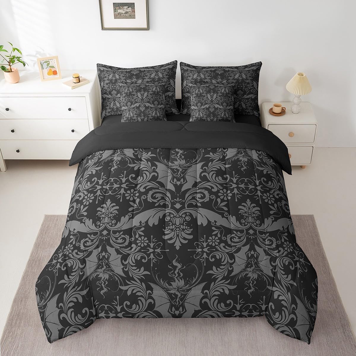 Jacquard Damask Bed in a Bag Full Size Vintage Floral 7 Piece Bedding Set for Boys Girls Decor Boho Damask Bed Set Includes Comforter, Sheets, Pillowcases & Pillow Covers Bats Bedroom Decor