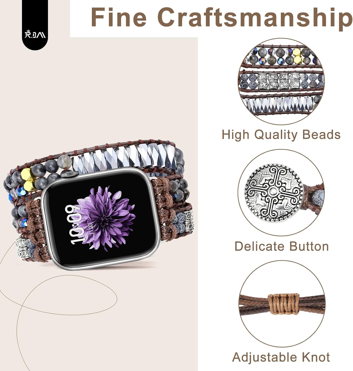 JR.DM Boho Beaded Band Women Compatible with Apple Watch 42mm(S3/2/1)/44/45/46/49mm Tibetan Silver Stone Bracelet Adjustable Handmade Braided Strap for iWatch Series 11/10/9/8/7/6/5/4/SE 3/2/1/Ultra