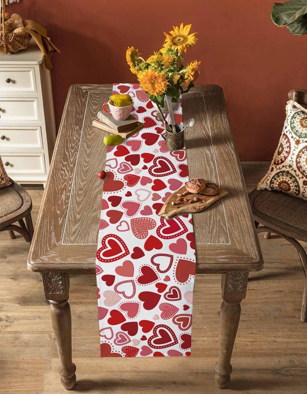 Valentine's Day Love Heart Table Runner 120 Inches Long Red Pink Heart Pattern Coffee Table Runner Romantic Red Kitchen Dining Table Decoration for Indoor Outdoor Home Party Holiday 13 x 120 Inch