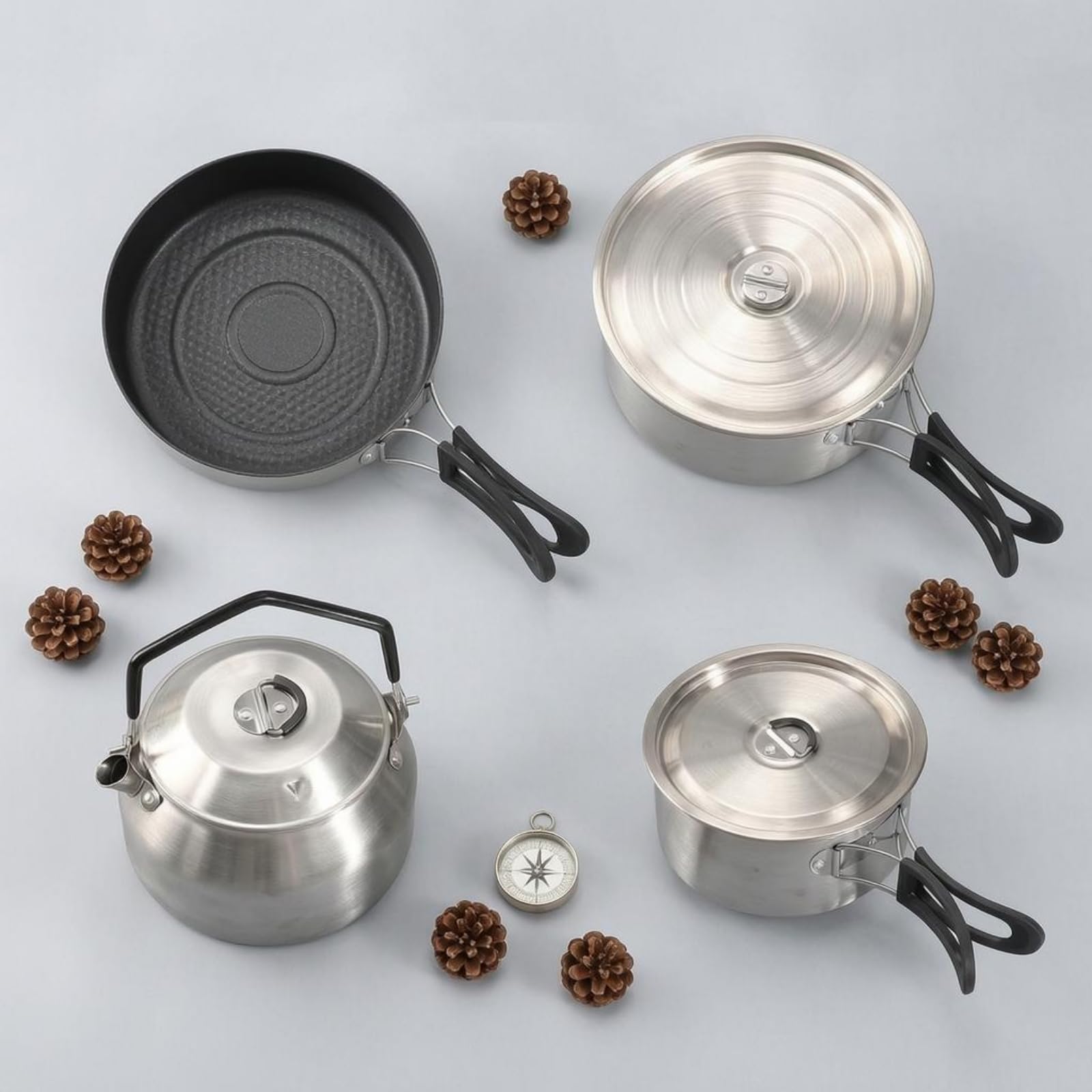 LOVIVER 4 Piezas Utensilios de Batería Portátil Olla Sartén y Tetera Acero Inoxidable 304 con Abatibles Adecuado para Camping Rutas Mochilero