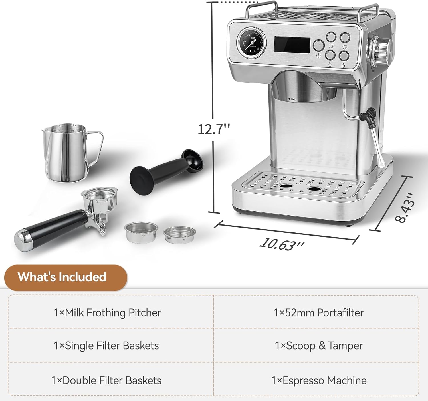 Espresso Machine, 20Bar Espresso Coffee Machine with Milk Frother & Temp Display, Stainless Steel Coffee Maker with 51oz Removable Water Tank for Latte, Cappuccino