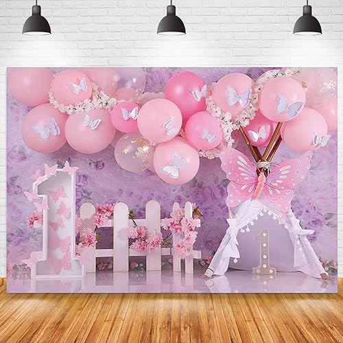 Miniatura 3 de Fondo de fotografía floral de jardín con globos rosados, diseño de mariposas y flores, para el primer cumpleaños de las niñas, con texto en inglés