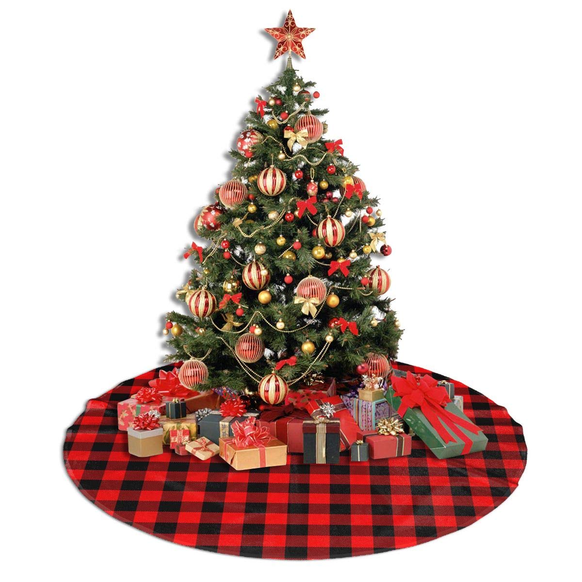 Gonna Albero Di Natale 122 Cm Rossa E Nera | Motivo Scozzese Con Camion E Pupazzo Di Neve | Morbido Peluche, Fascia Regolabile, Per Alberi Fino A 2,4 M