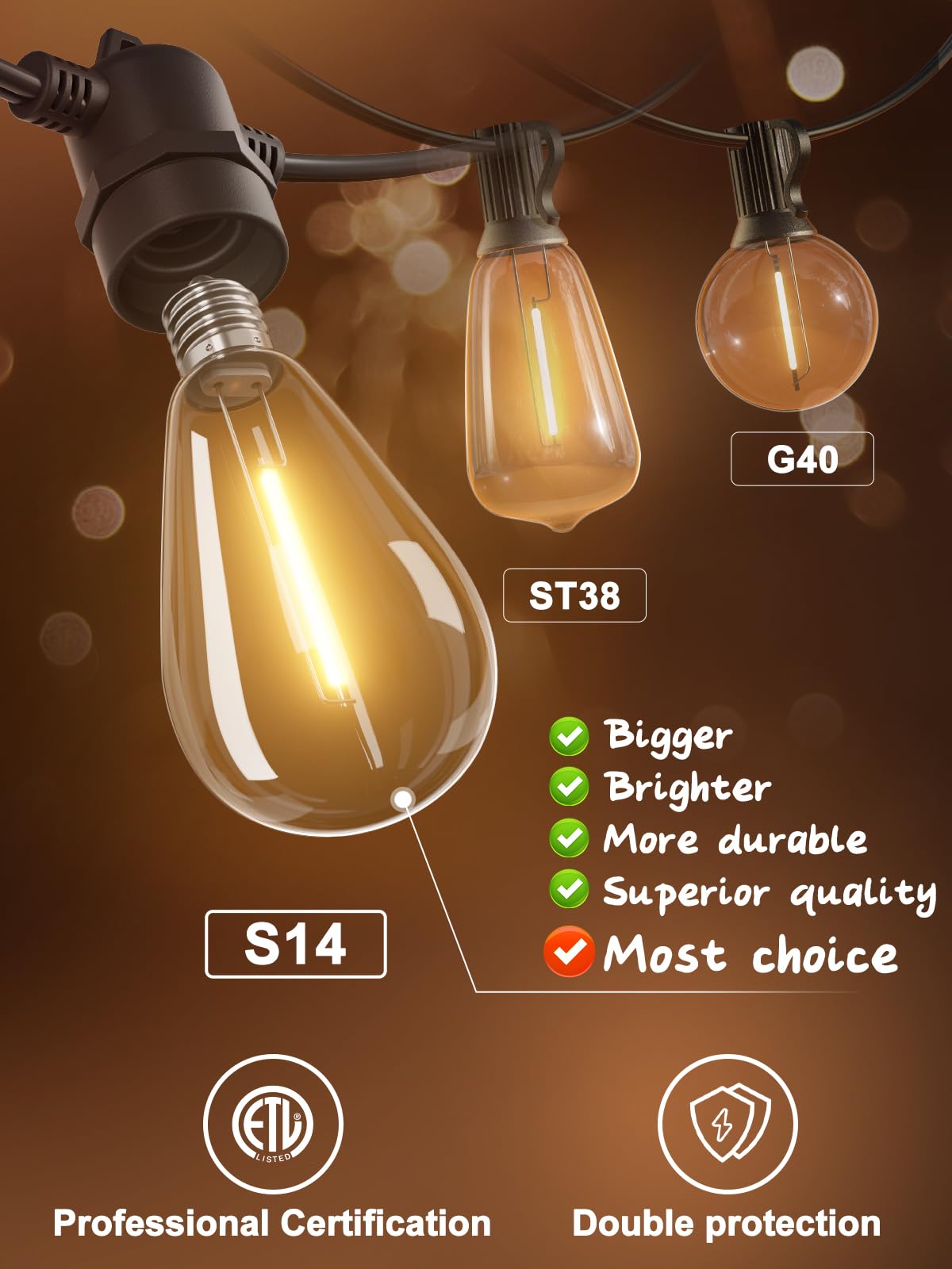 addlon 50FT LED Outdoor String Lights with Edison Shatterproof Bulbs Weatherproof Strand Commercial Grade Patio Lights Decorative for — view 2